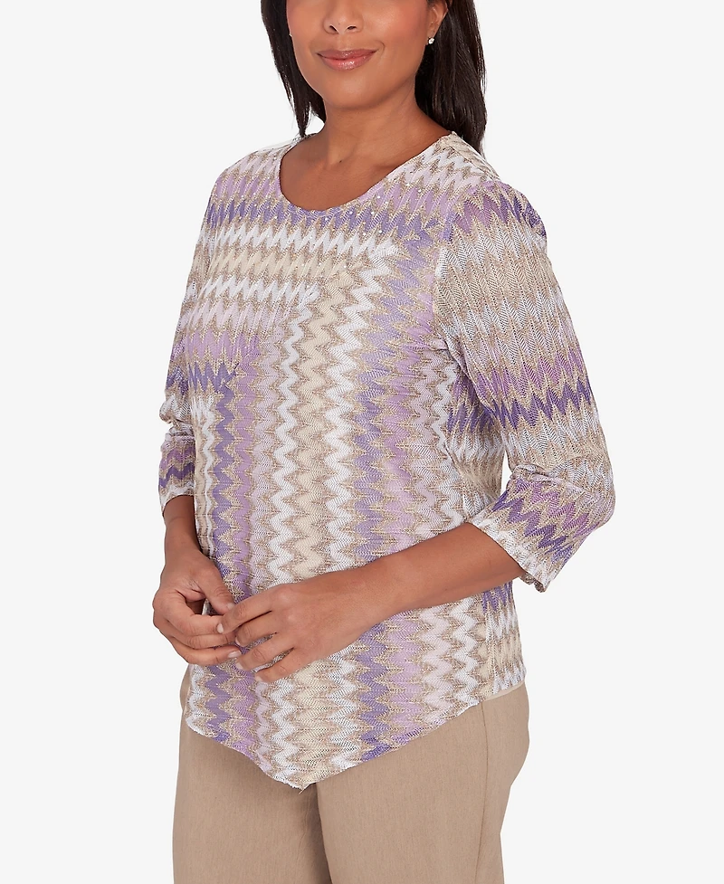 Alfred Dunner Charm School Women's Sparkling Zig Zag Stripe Top