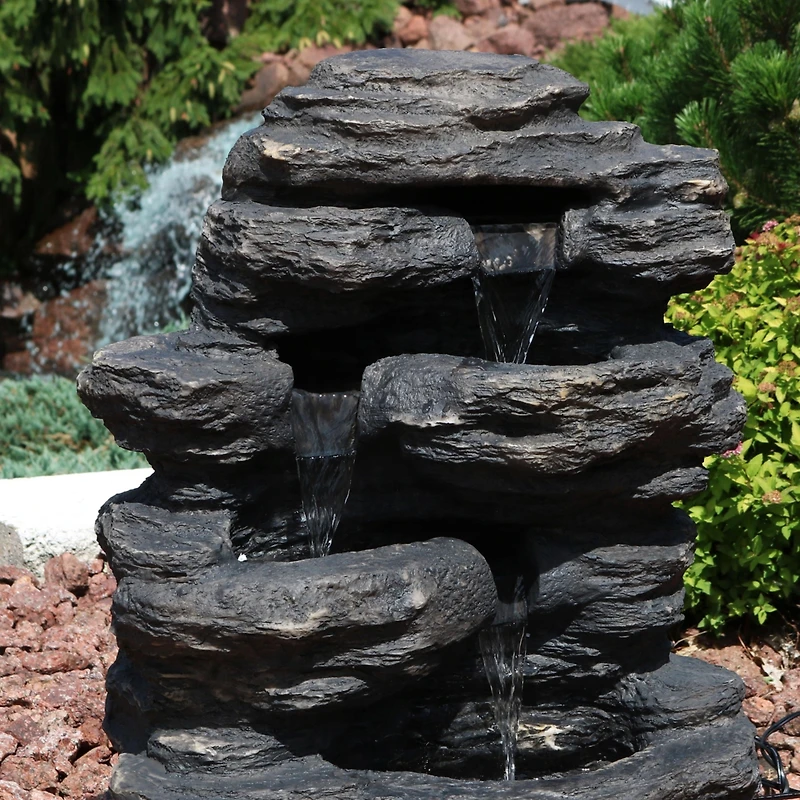 Sunnydaze Decor Rock Falls 24-Inch Resin Outdoor Water Fountain with Led Lights