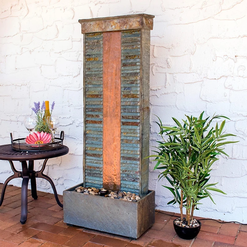 48"H Electric Natural Slate with Copper Accents Rippled Column Outdoor Water Fountain with Led Spotlight
