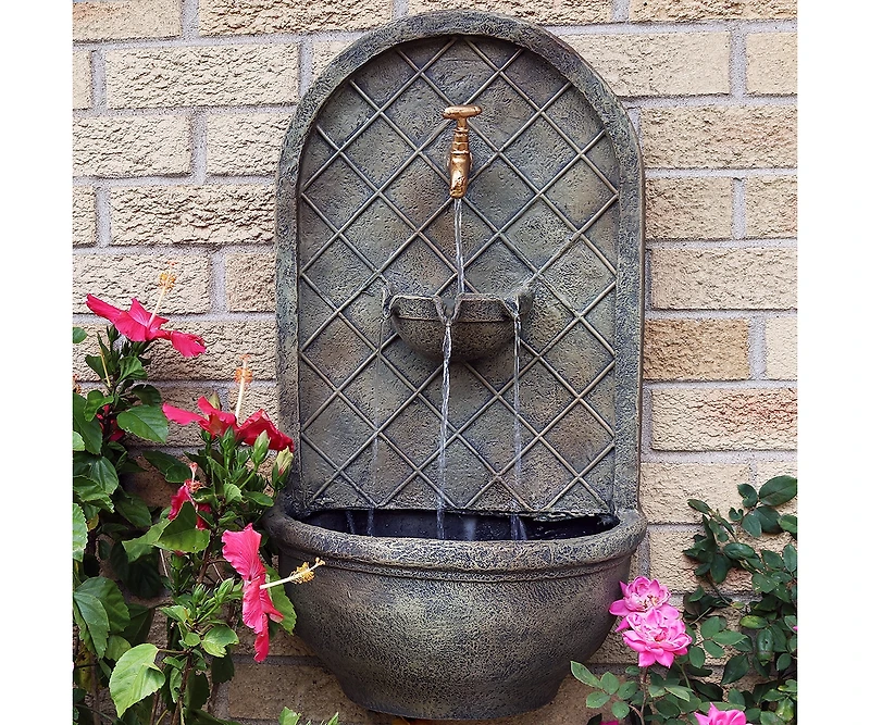 Messina 26-Inch Polystone Outdoor Solar Wall Fountain - Florentine Stone Finish