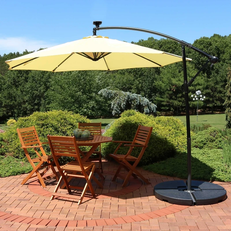Outdoor Steel Cantilever Offset Patio Umbrella with Solar Led Lights, Air Vent, Crank, and Base - 9'