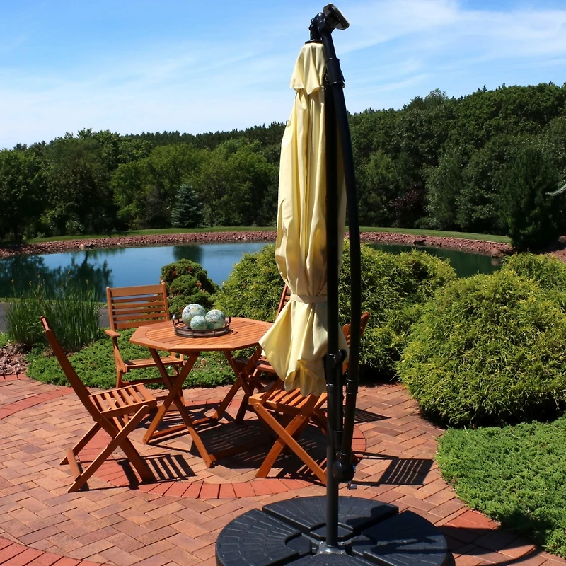 Outdoor Steel Cantilever Offset Patio Umbrella with Solar Led Lights, Air Vent, Crank, and Base - 9'