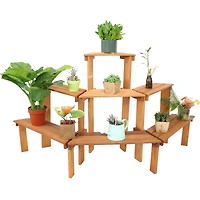 Sunnydaze Decor 3-Tier Meranti Wood Outdoor Plant Stand with Teak Oil Finish - 5.75 Feet Wide - Indoor and Outdoor Use