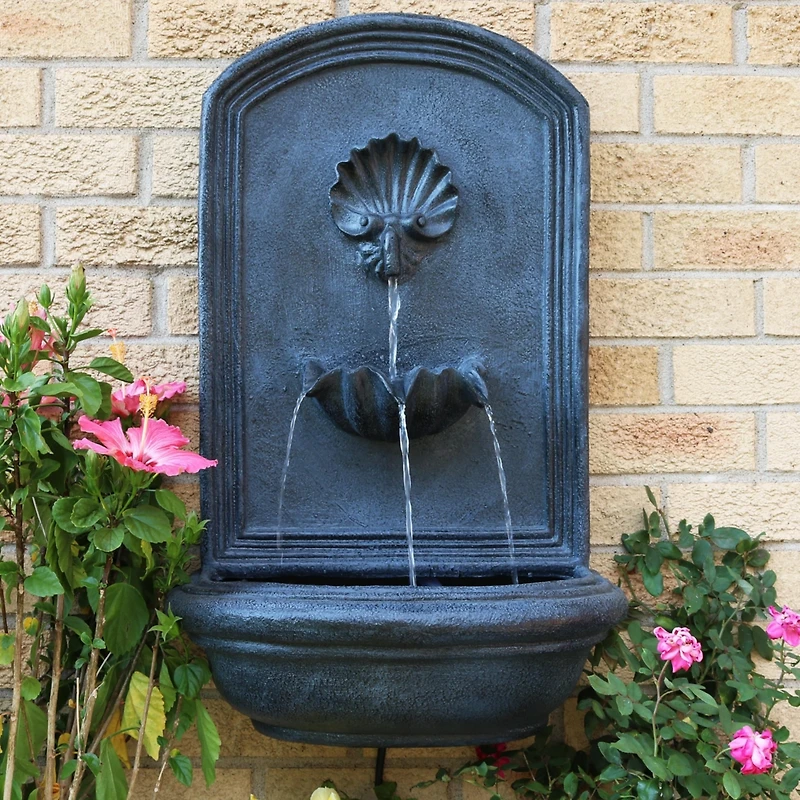 Seaside 27-Inch Polystone Wall-Mounted Solar Fountain - Submersible Pump - Lead Finish