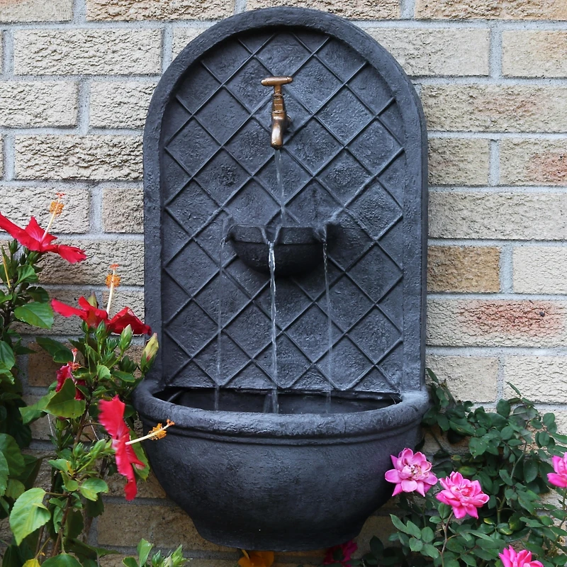 Messina 26-Inch Polystone Outdoor Wall Water Fountain - Electric Submersible Pump - Lead Finish