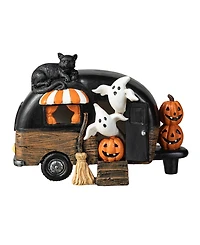 Glitzhome 9.25''L Halloween Polyresin Lighted Camper W/Ghost Pumpkin Black Cat Table Decor