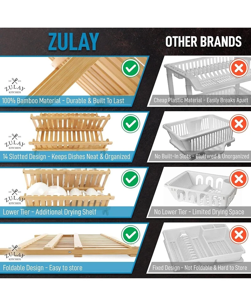 2-Tier Bamboo Collapsible Dish Drying Rack with Flatware Holder