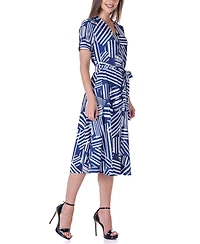24seven Comfort Apparel Print Short Sleeve Tie Waist Midi Dress
