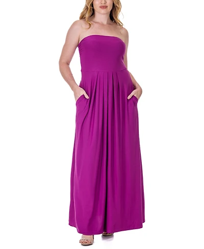 24seven Comfort Apparel Pleated A Line Strapless Maxi Pocket Dress