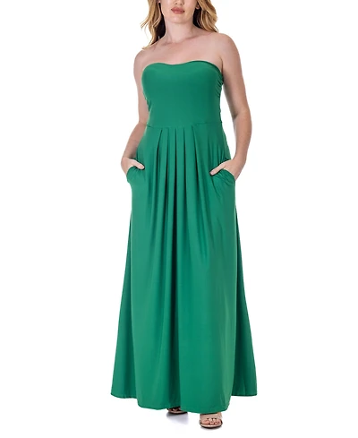 24seven Comfort Apparel Pleated A Line Strapless Maxi Pocket Dress