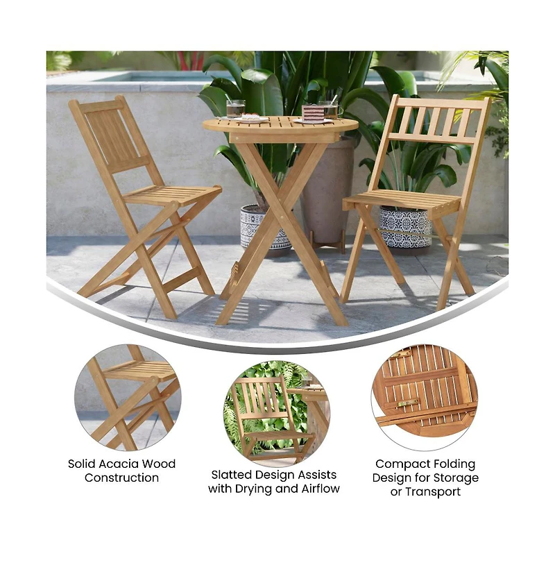Stora Three Piece Solid Acacia Wood Folding Patio Bistro Set With Lightweight Round Table And Two Chairs