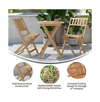 Stora Three Piece Solid Acacia Wood Folding Patio Bistro Set With Lightweight Round Table And Two Chairs