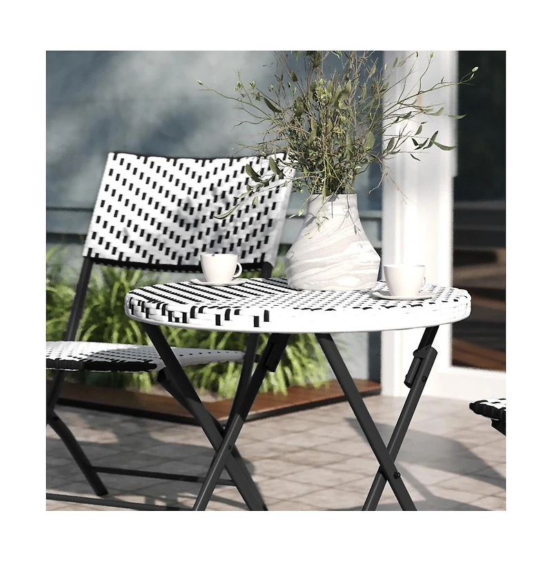 Emma+Oliver Ciel Three Piece Folding Bistro Set Pe Rattan With Metal Frames For Indoor And Outdoor Use