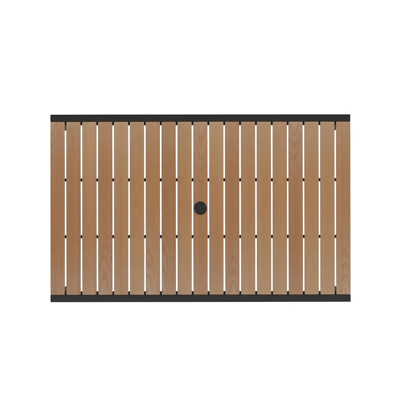 Chara 5 Piece Outdoor Synthetic Teak Poly Slat Table & Chairs Set - Steel Framed Table With Umbrella Hole & 4 Club Chairs