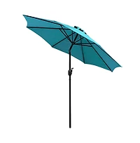 Outdoor Powder Coated Steel Dining Table With Faux Teak Poly Slat Top, 9' Patio Umbrella And Base