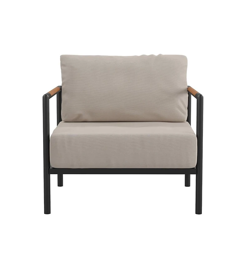 Eastport Outdoor Accent Chair With Removable Plush Fabric Cushions And Teak Accented Aluminum Frame
