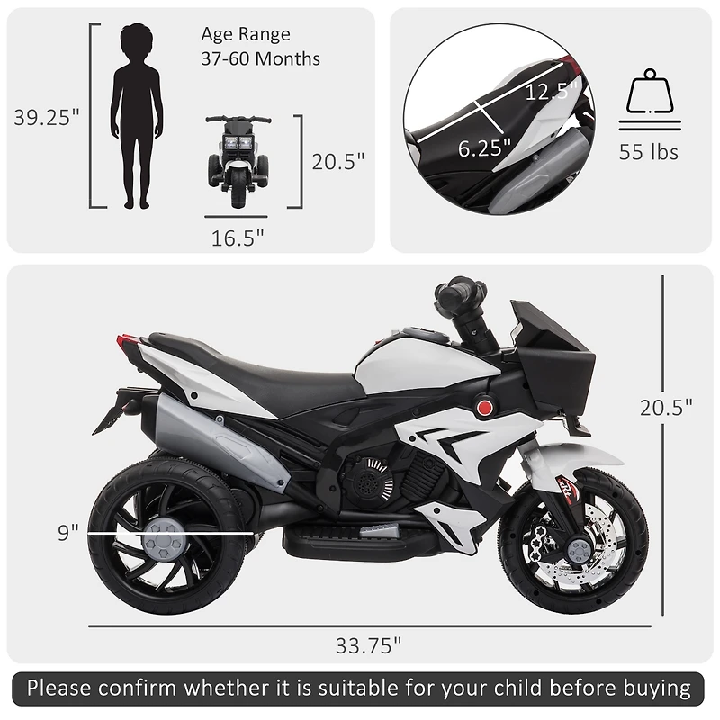 Aosom 3-Wheel Kids Ride On Motorcycle W/ High-Traction Wheels,