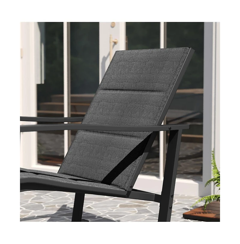 Brevyn 3 Piece Outdoor Bistro Set With Flex Comfort Rocking Chairs And Steel Framed Glass Top Table