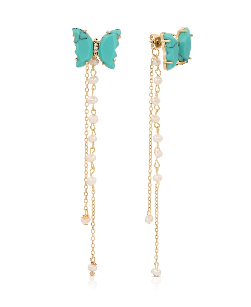 Ettika Turquoise Butterfly Freshwater Pearl Chain Dangle Earrings