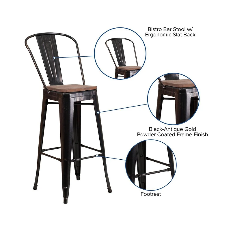 Donnelly Metal Dining Stool With Curved Slatted Back And Textured Wood Seat