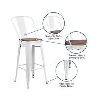 Donnelly Metal Dining Stool With Curved Slatted Back And Textured Wood Seat