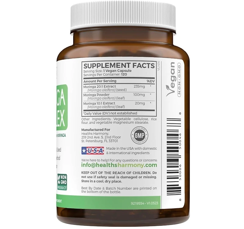Healths Harmony Moringa Capsules High Strength 5,000mg, Whole Herb Powder With 20:1 Seed & 10:1 Leaf Extract, Non-gmo Vegetarian Supplement, Health's