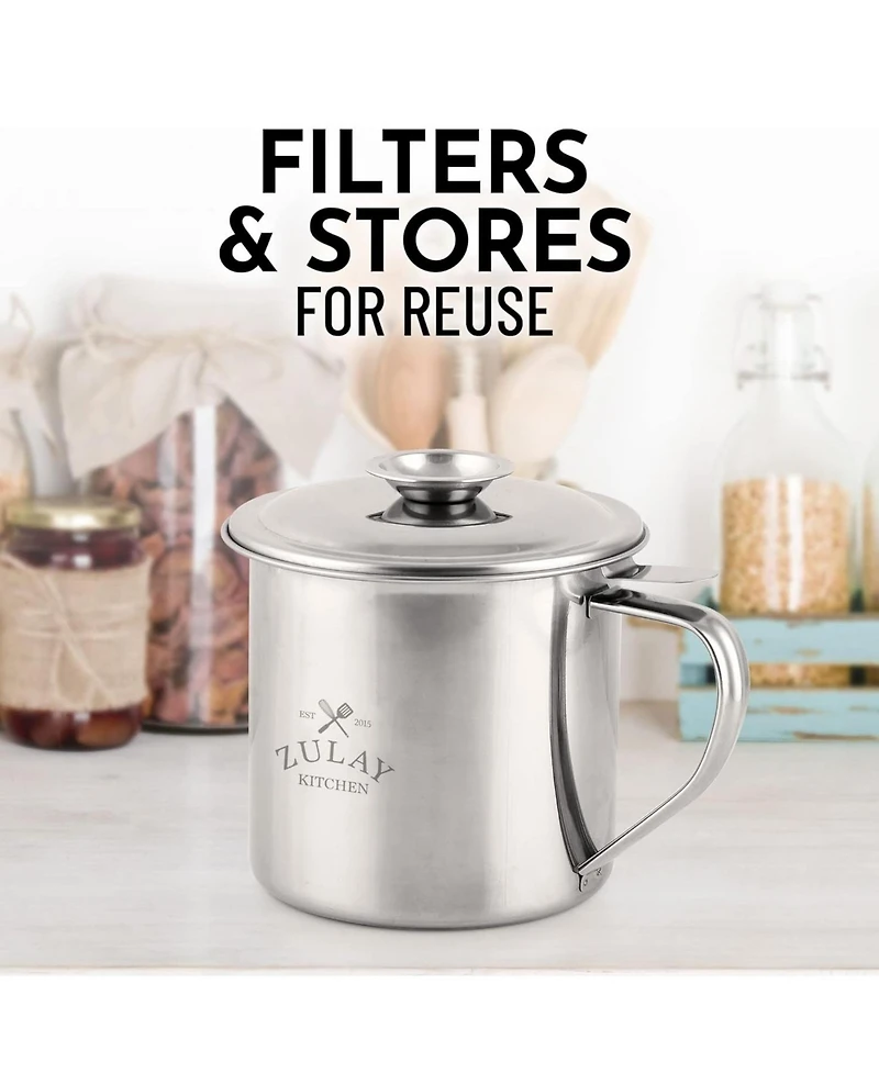 Stainless Steel Bacon Grease Container With Strainer, Lid & Handle