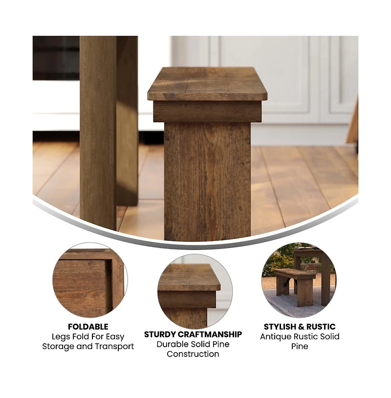 Merrick Lane Antique Solid Pine Folding Farmhouse Style Bench