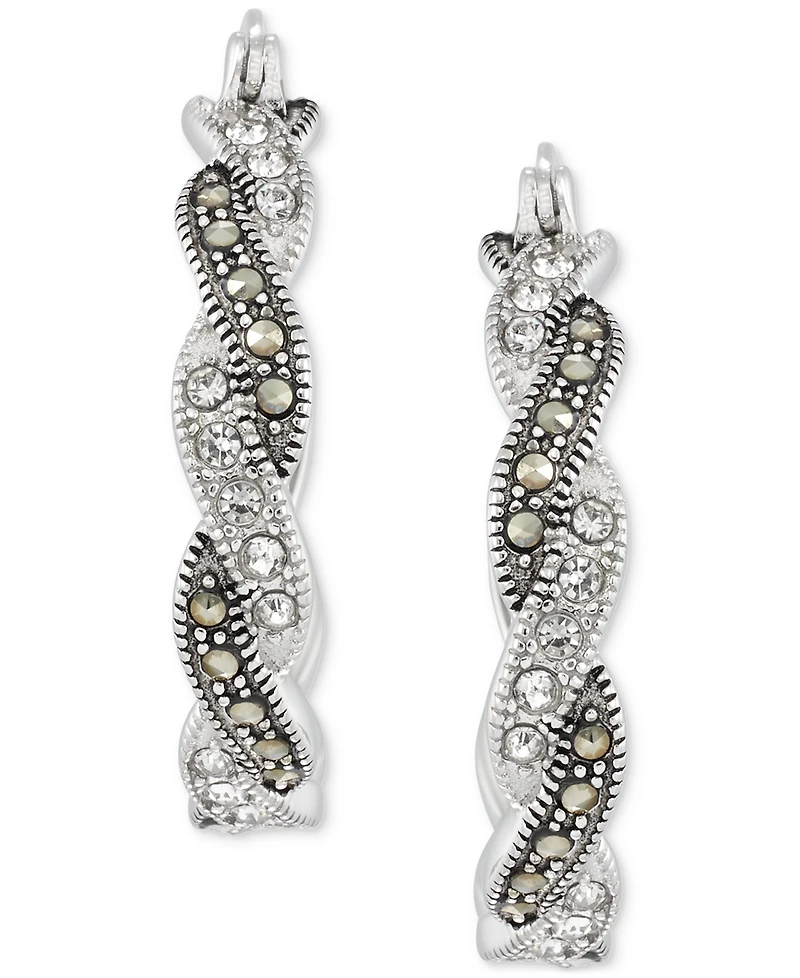 Marcasite (1/2 ct. t.w.) & Crystal Small Hoop Earrings in Sterling Silver, 1"