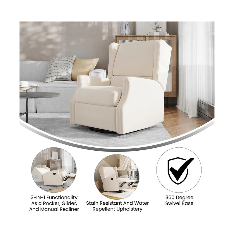 Abby 3-In-1 Wingback Manual Recliner Rocker Swivel Glider Chair