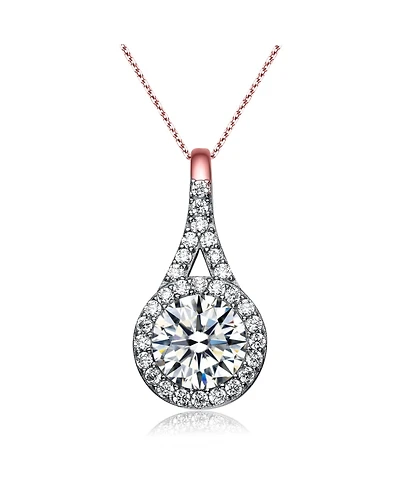 Sterling Silver with Haloed Clear Round Cubic Zirconia Solitaire a Split Bail Necklace
