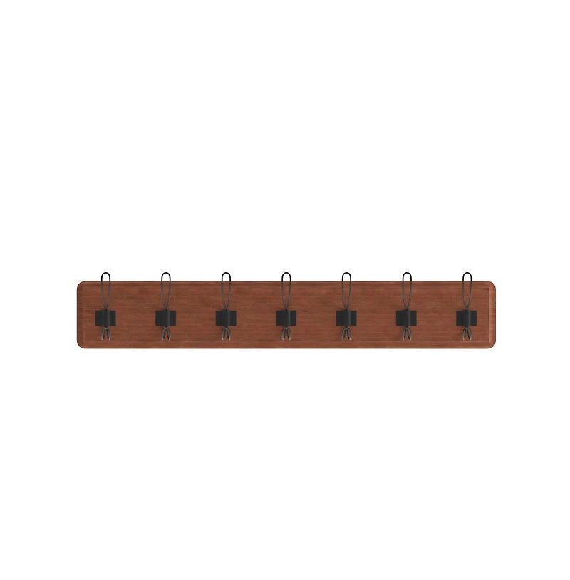 Enid 34 Inch Wall Mount Pine Wood Storage Rack With Hanging Hooks, Entryway, Kitchen, Bathroom
