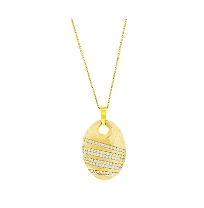 Gold Plated Over Sterling Silver Large Oval Brushed Cz Pendant Necklace