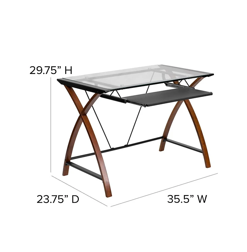 Glass Computer Desk-Pull-Out Keyboard Tray & Crisscross Frame