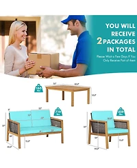 Gymax 4PCS Patio Acacia Wood Furniture Set Pe Rattan Conversation Set w/ Turquoise Cushions