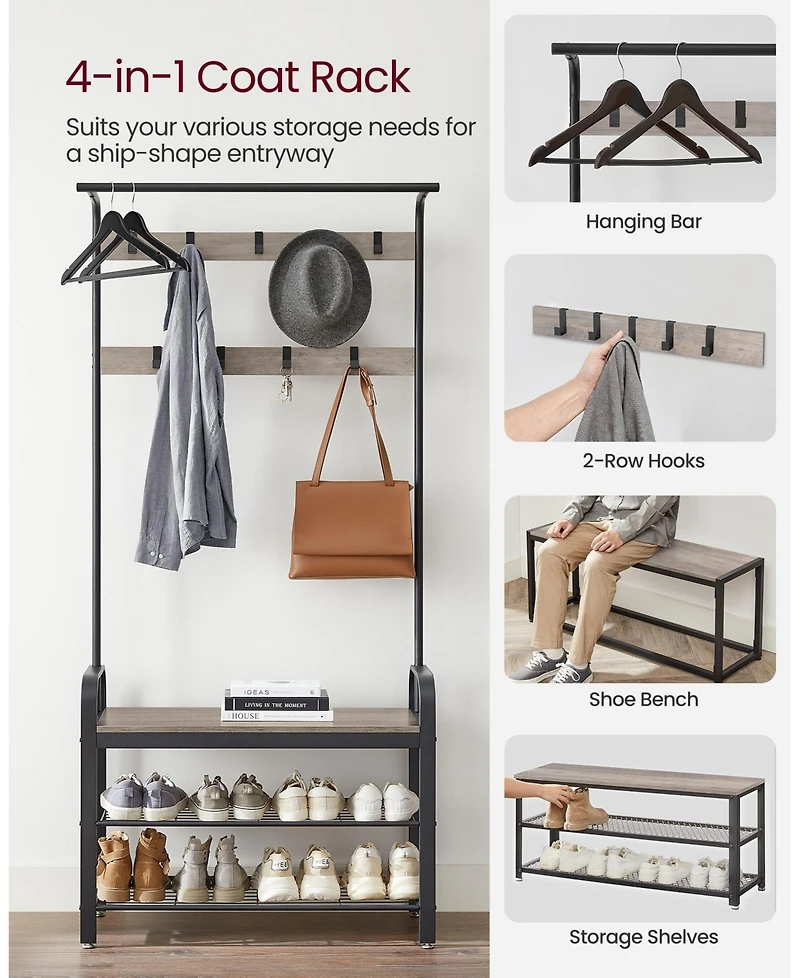 Slickblue Hall Tree With Shoe Bench For Entryway, Industrial Accent Furniture Steel Frame