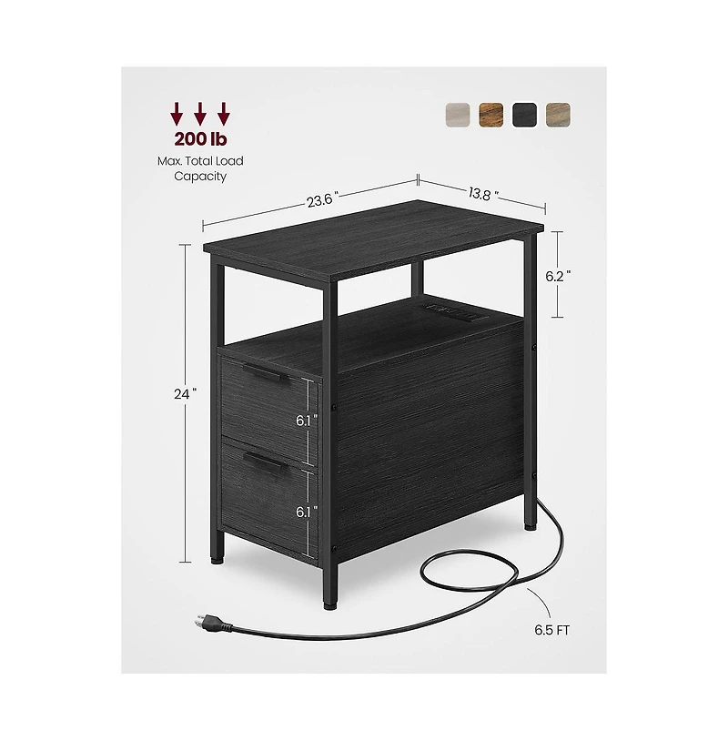 Narrow Nightstand Side Table With Usb Ports, Charging Station And Drawers