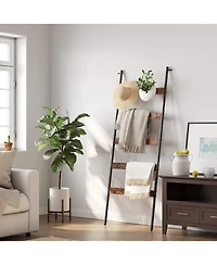 5-Tier Blanket Ladder Shelf with 4 Hooks and Steel Frame for Living Room or Bedroom