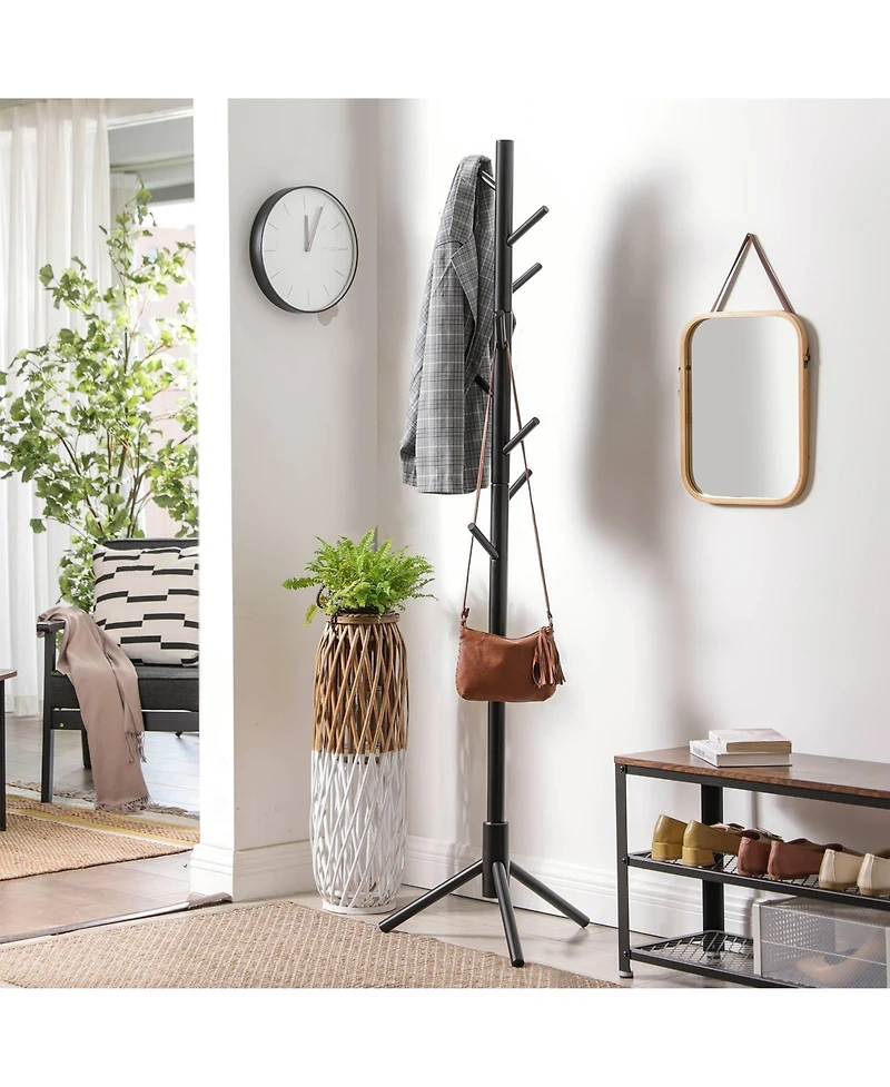 Solid Wood Coat Rack with 8 Hooks, Freestanding Tree for Hats, Bags, and Umbrellas