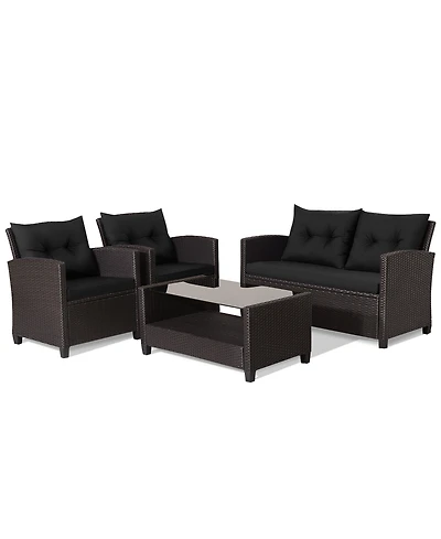 Gymax 4PCS Outdoor Conversation Set Patio Pe Rattan w/ Glass Table & Sofa Cushions