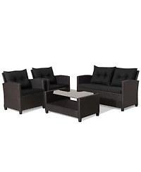 Gymax 4PCS Outdoor Conversation Set Patio Pe Rattan w/ Glass Table & Sofa Cushions