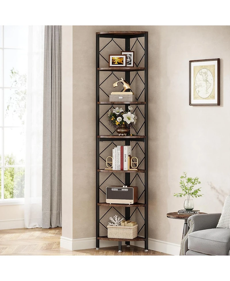 Tribesigns 7-Tier Corner Shelf, 78.7” Extra Tall Corner Bookcase, Industrial Slim Corner Bookshelf for Small Narrow Space, Wood Corner Shelf St