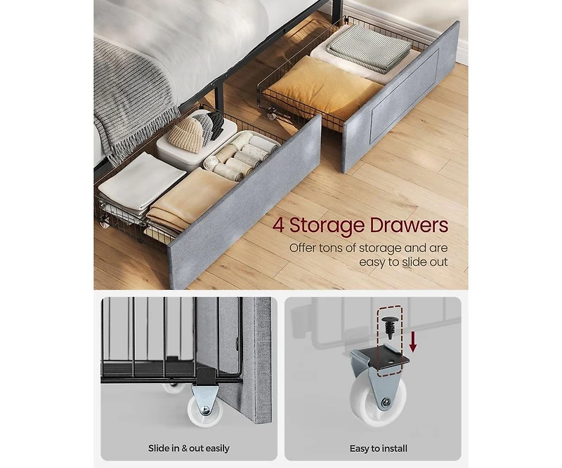 Led Bed Frame With Headboard And 4 Drawers, 1 Usb Port And 1 Type C Port