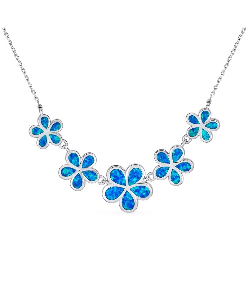 Bling Jewelry Statement Synthetic Blue Opal Multi 5 Plumeria Hawaiian Flower Collar Necklace Sterling Silver