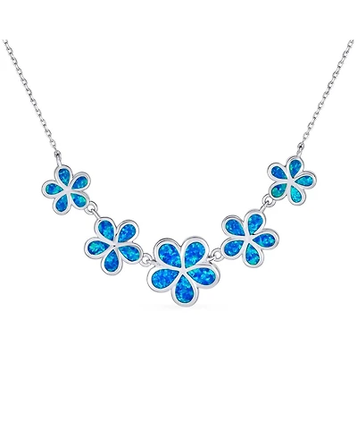 Bling Jewelry Statement Synthetic Blue Opal Multi 5 Plumeria Hawaiian Flower Collar Necklace Sterling Silver