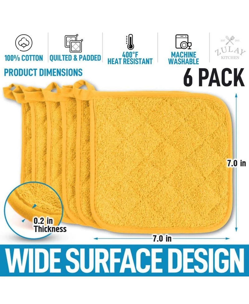 Washable Quilted Terry Cloth Potholder for Cooking and Baking (6 Pack)