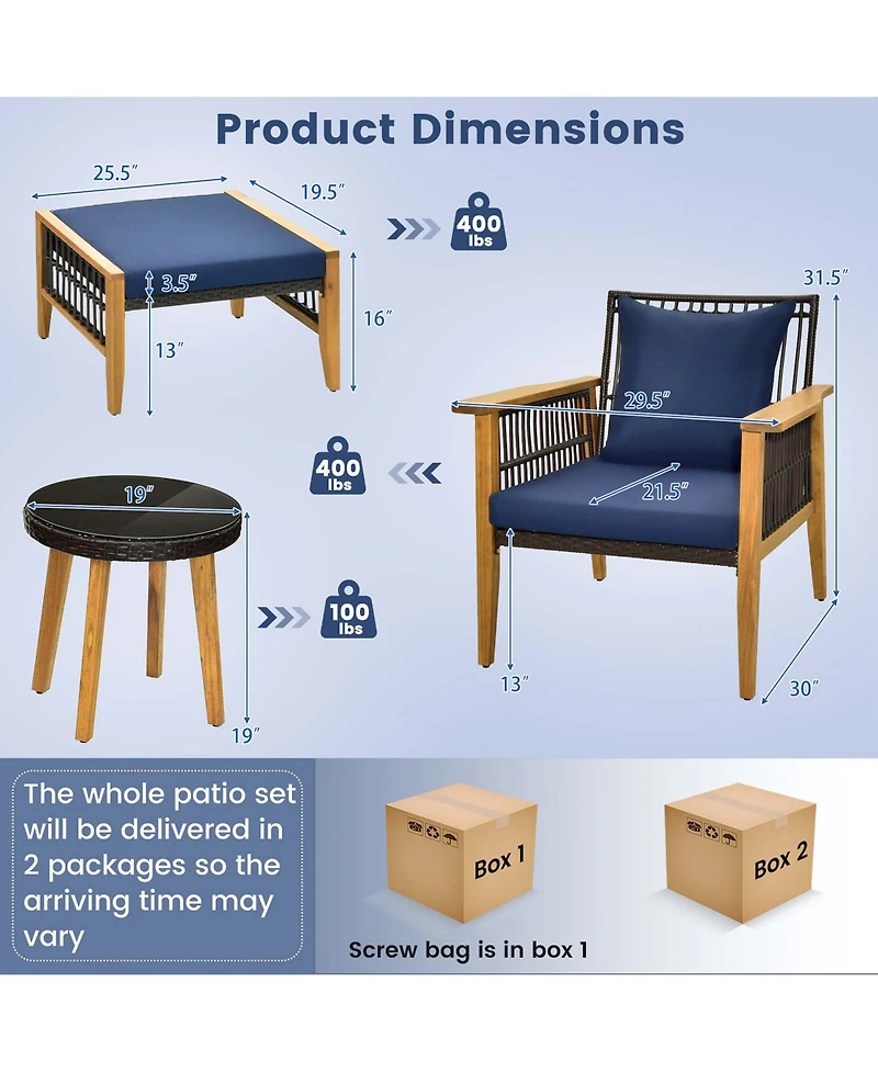 Costway 5 Pcs Patio Acacia Wood Wicker Woven Furniture Set with Coffee Table & 2 Ottomans