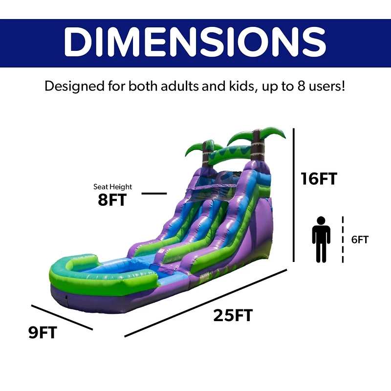 HeroKiddo 16 Purple Tropical Commercial Grade Water Slide Inflatable with Pool for Kids and Adults (with Blower), Wet Dry Use, Summer Fun