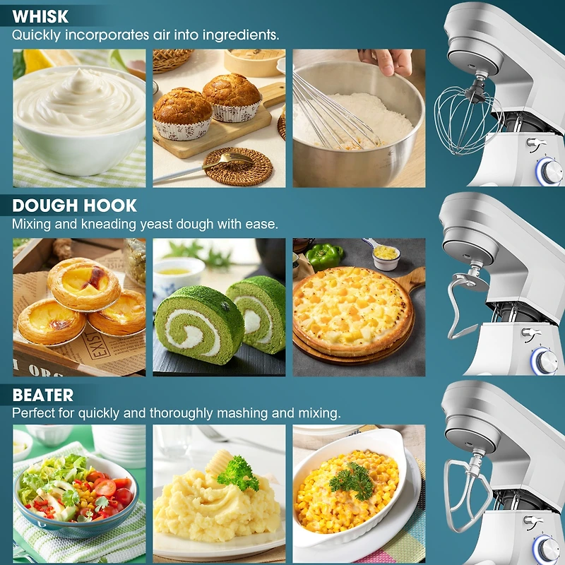 7.5 Qt Tilt-Head Stand Mixer 6 Speed with Egg Whisk, Dough Hook & Whisk