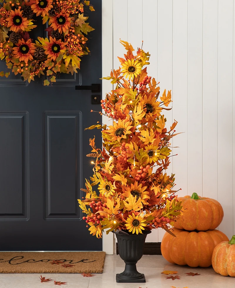 Glitzhome 48"H Fall Lighted Maple Leaf and Sunflower Urn Porch Tree with Timer